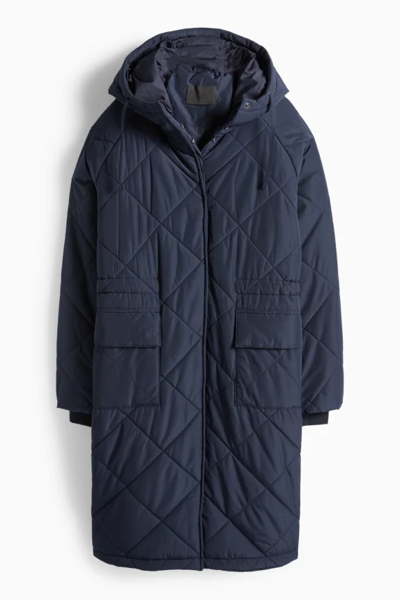Quilted coat with hood dark blue