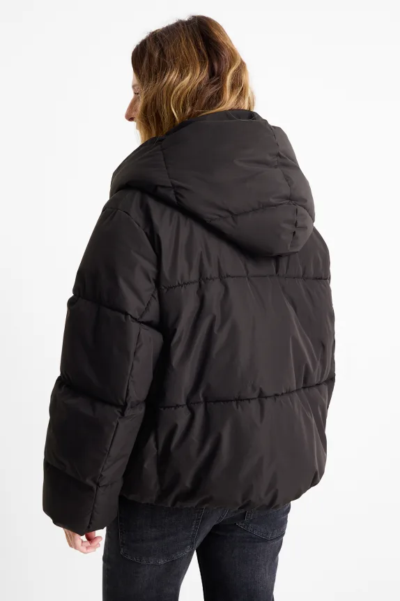 Quilted jacket with hood - water-repellent black
