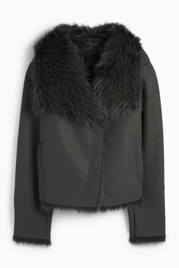 Faux shearling jacket - faux leather dark gray
