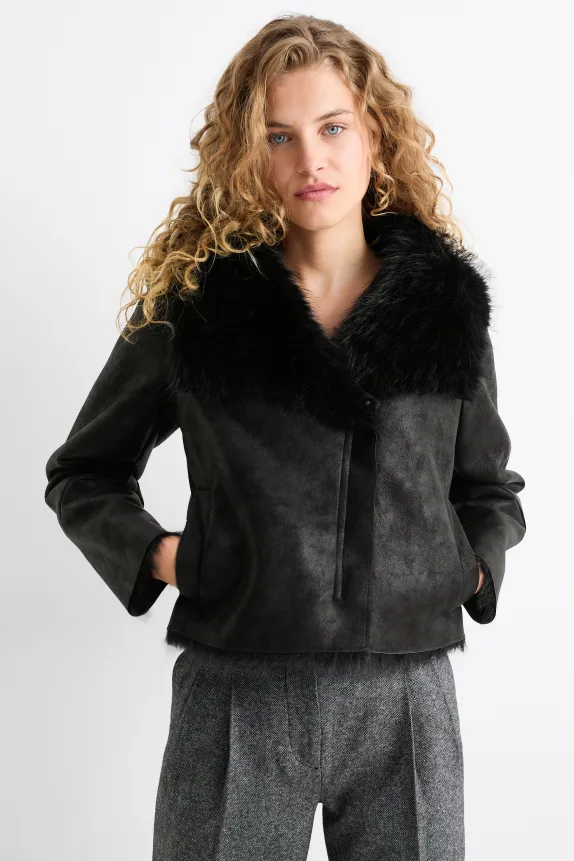Faux shearling jacket - faux leather black