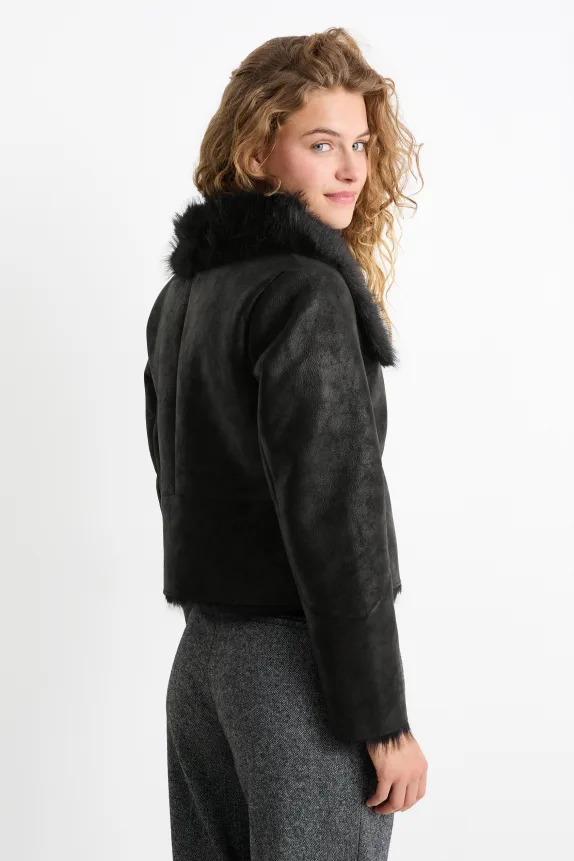 Faux shearling jacket - faux leather black