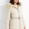 Quilted jacket with belt, hood and faux fur trim light beige
