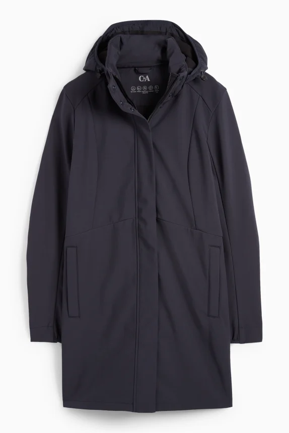 Softshell coat with hood - water-repellent - 4-way stretch dark blue