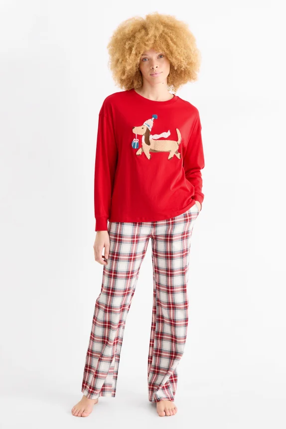 Christmas pyjamas with flannel bottoms - sausage dog red
