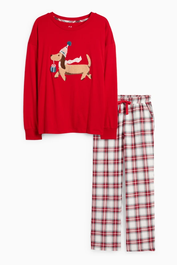 Christmas pyjamas with flannel bottoms - sausage dog red