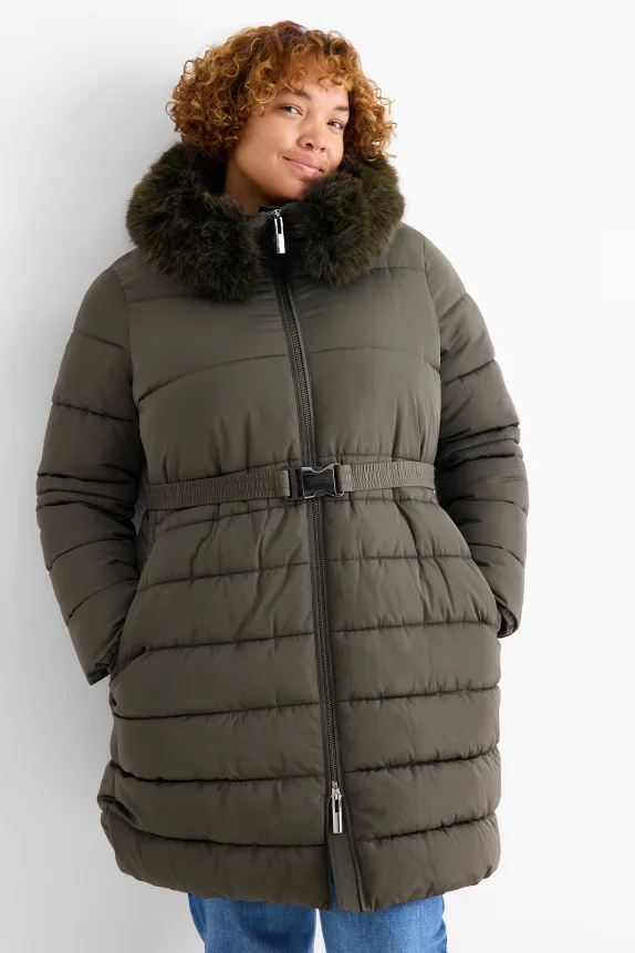 Quilted coat with belt, hood and faux fur trim green