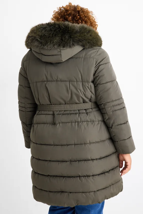 Quilted coat with belt, hood and faux fur trim green