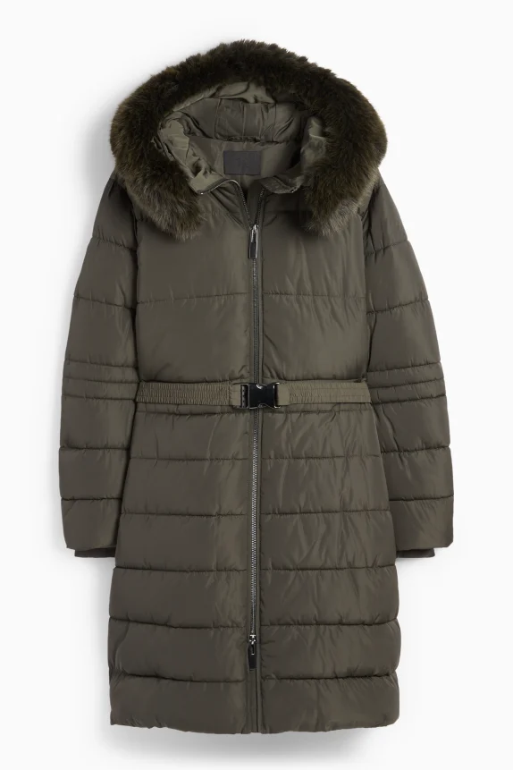 Quilted coat with belt, hood and faux fur trim green