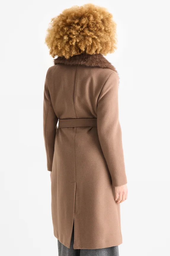 Coat with faux fur trim light brown