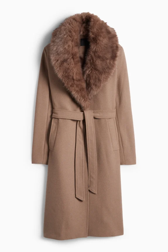 Coat with faux fur trim light brown