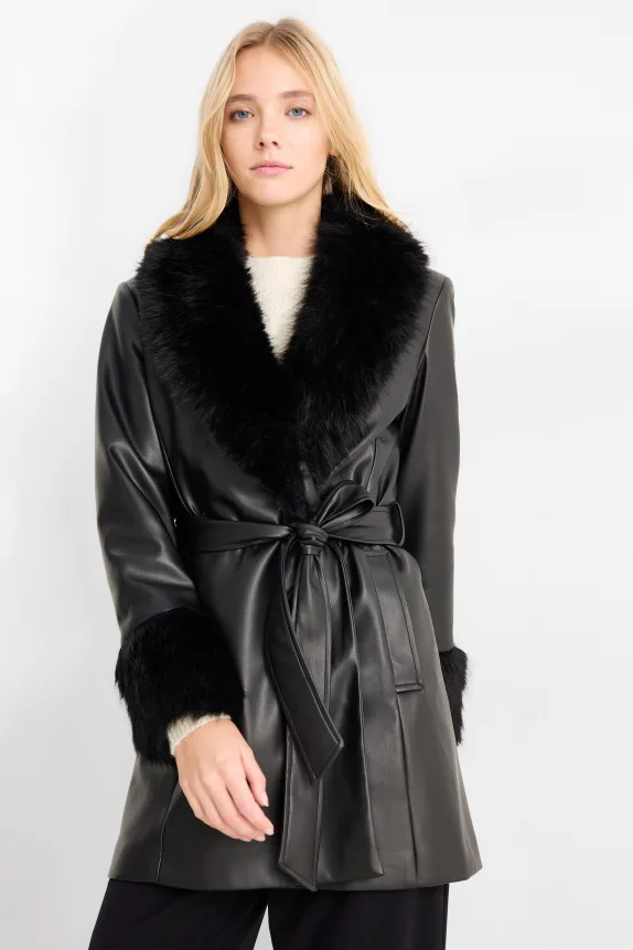 Coat with faux fur trim - faux leather black