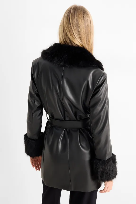 Coat with faux fur trim - faux leather black