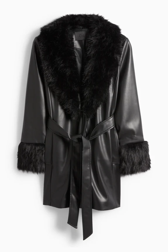 Coat with faux fur trim - faux leather black