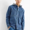 Denim shirt jacket with hood blue denim