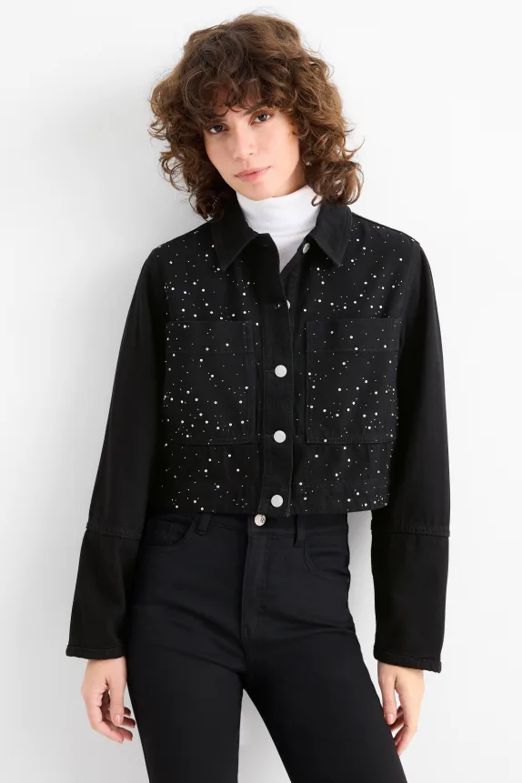 Cropped denim jacket with rhinestones black