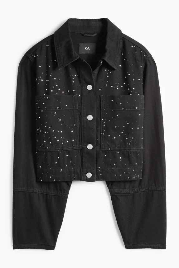 Cropped denim jacket with rhinestones black