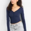 Cropped Henley T-shirt - slim fit - ribbed dark blue