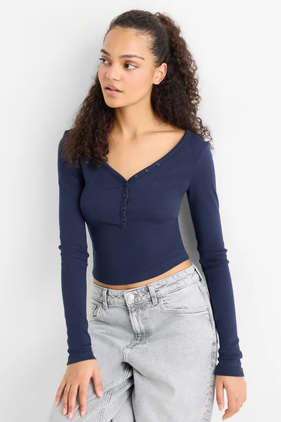 Cropped Henley T-shirt - slim fit - ribbed dark blue