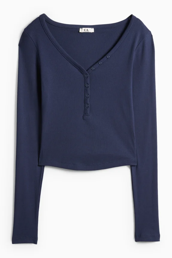 Cropped Henley T-shirt - slim fit - ribbed dark blue