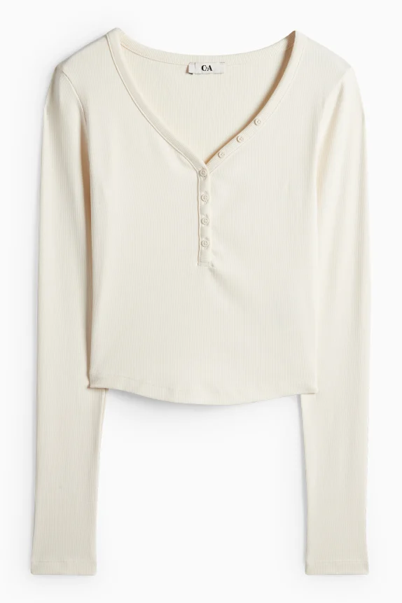 Cropped Henley T-shirt - slim fit - ribbed cremewhite