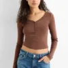Cropped Henley T-shirt - slim fit - ribbed dark brown