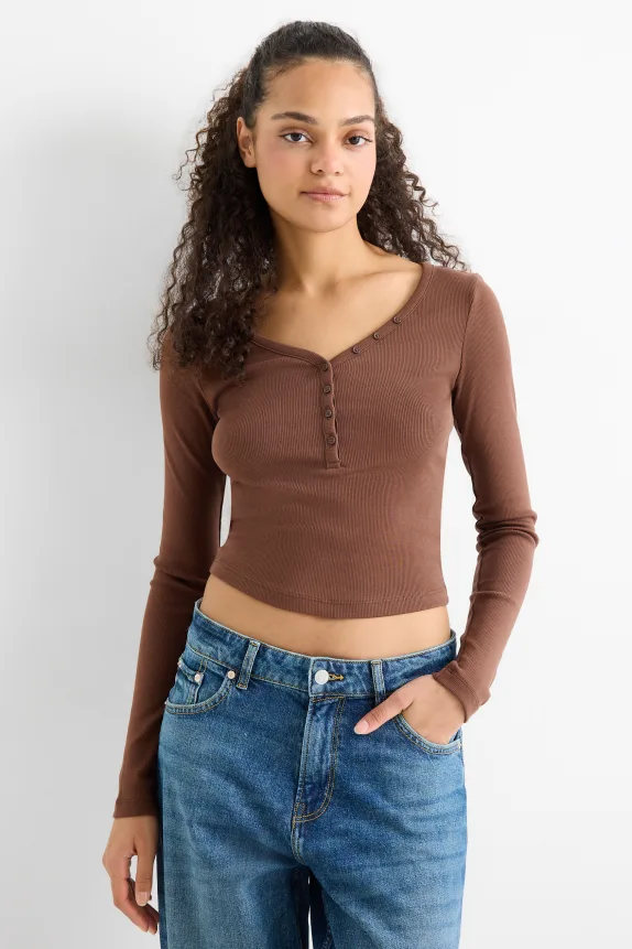 Cropped Henley T-shirt - slim fit - ribbed dark brown