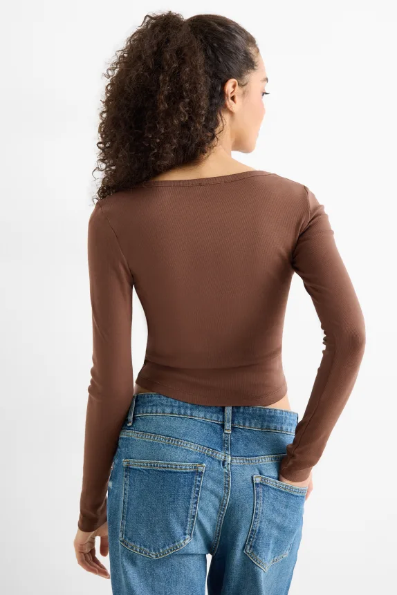 Cropped Henley T-shirt - slim fit - ribbed dark brown