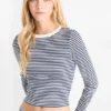 Cropped long sleeve top - slim fit - ribbed - striped dark blue / white