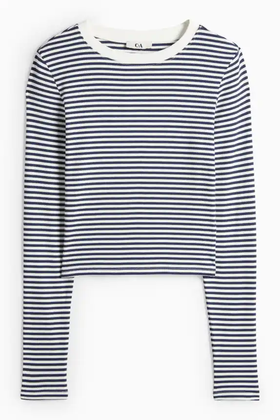 Cropped long sleeve top - slim fit - ribbed - striped dark blue / white