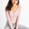 Cropped Henley T-shirt - slim fit - ribbed rose