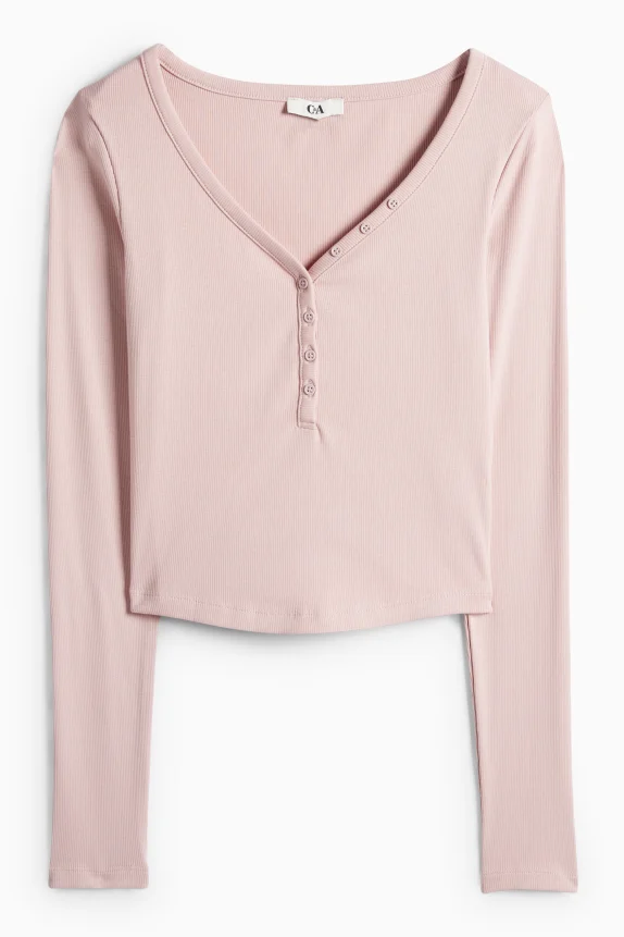 Cropped Henley T-shirt - slim fit - ribbed rose