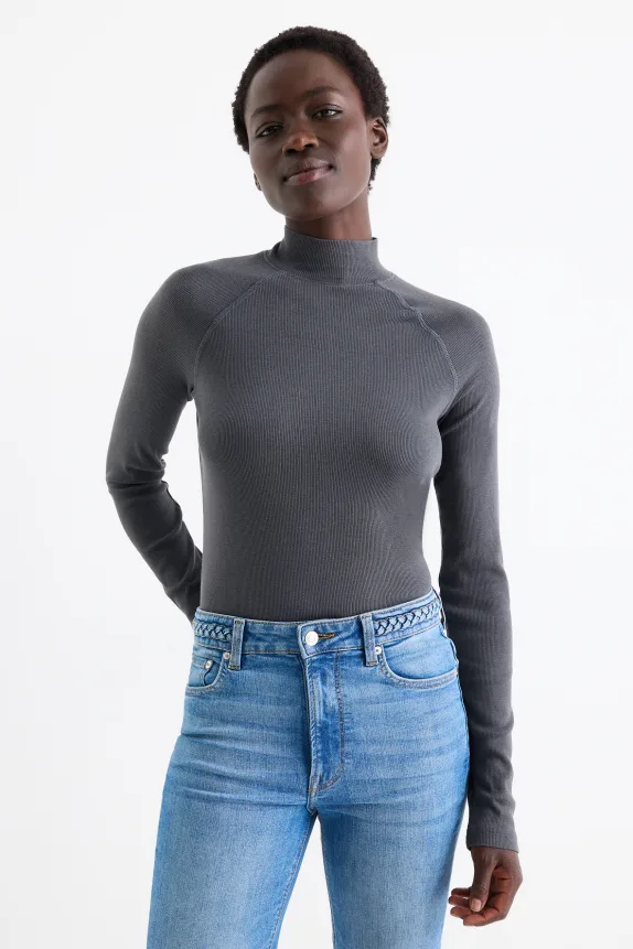 Long sleeve top - slim fit - ribbed dark gray