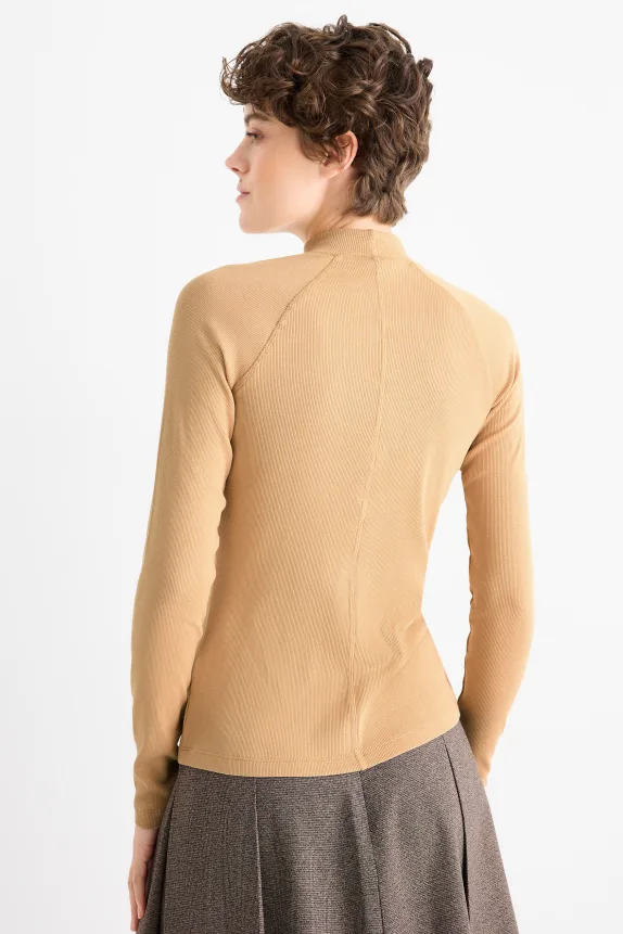 Long sleeve top - slim fit - ribbed light beige