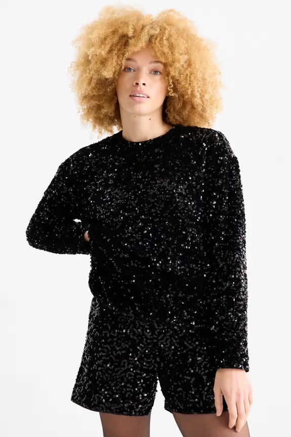 Long sleeve sequin top - regular fit black