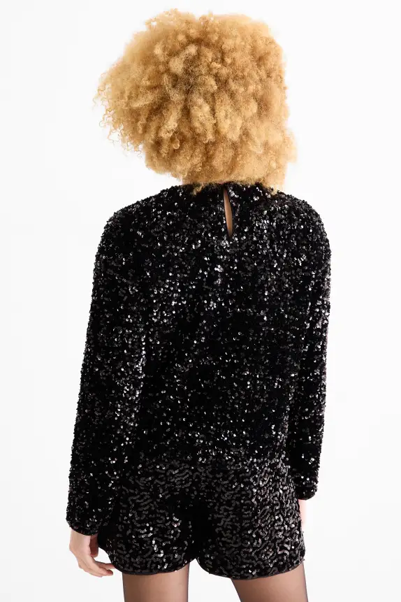 Long sleeve sequin top - regular fit black