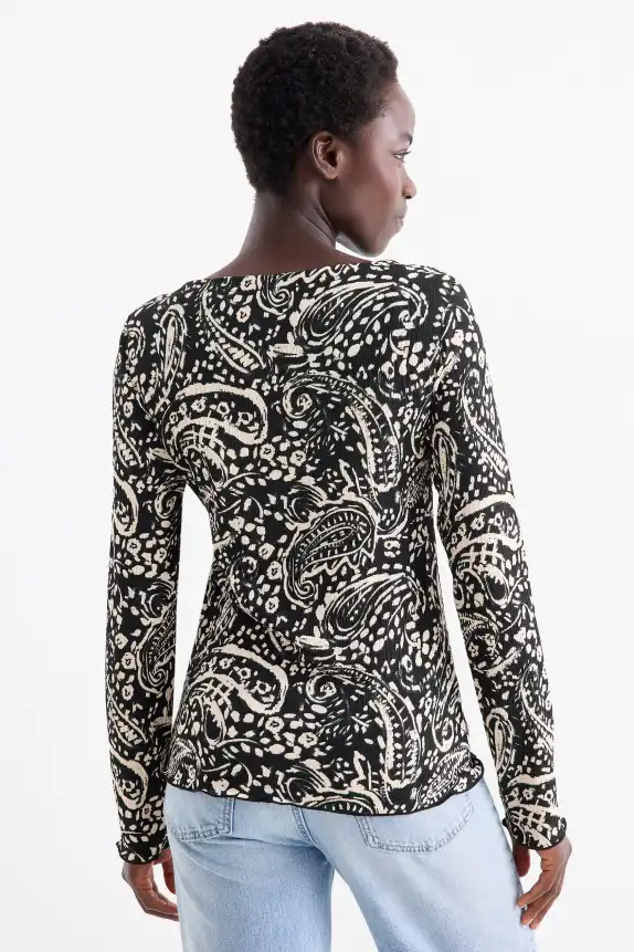 Long sleeve top - regular fit - patterned black / beige