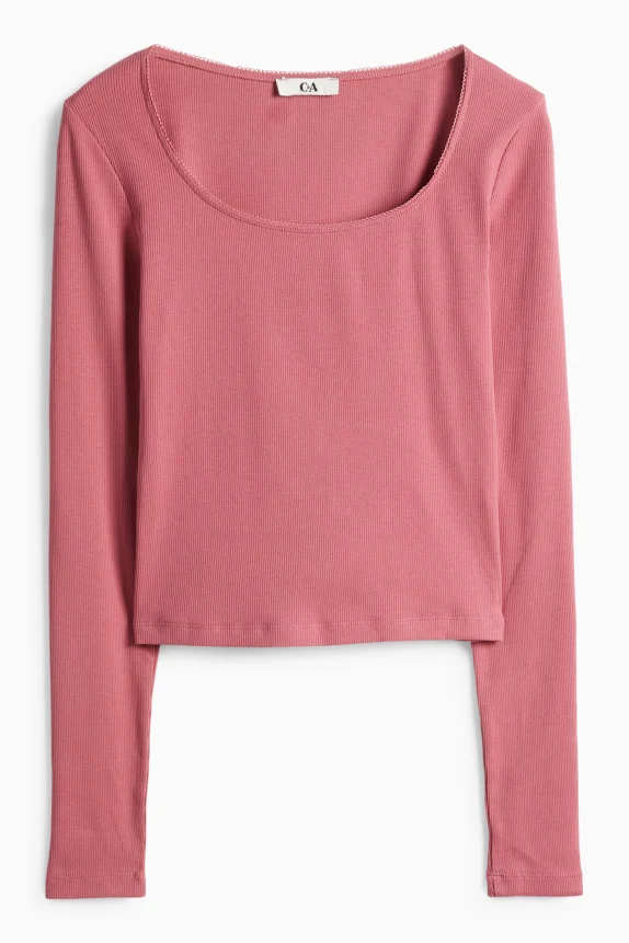 Cropped long sleeve top - slim fit - ribbed dark rose