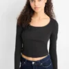 Cropped long sleeve top - slim fit - ribbed black