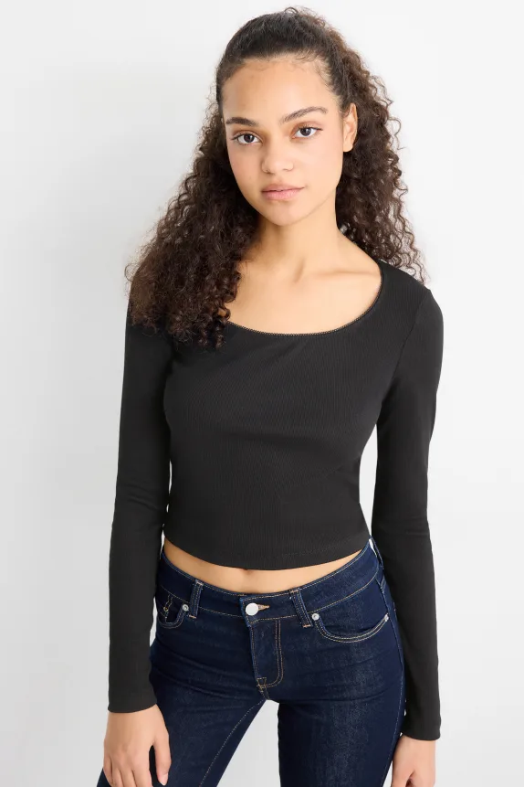 Cropped long sleeve top - slim fit - ribbed black
