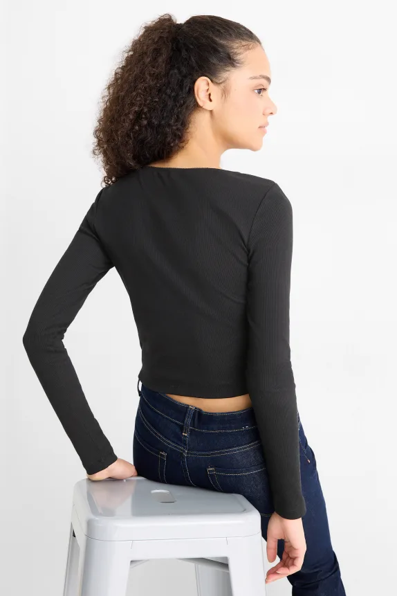 Cropped long sleeve top - slim fit - ribbed black