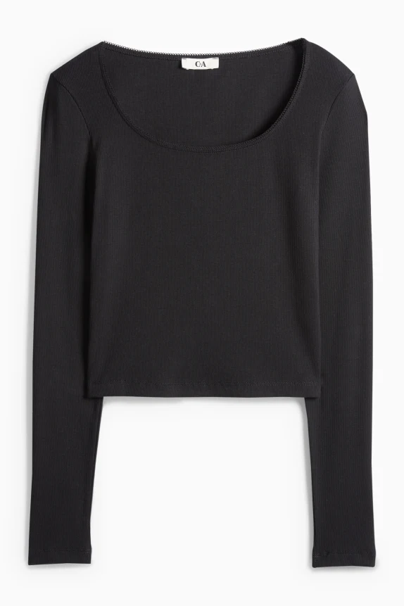 Cropped long sleeve top - slim fit - ribbed black