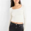 Cropped long sleeve top - slim fit - ribbed cremewhite