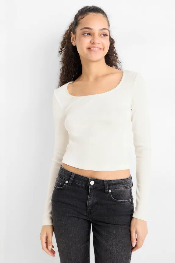 Cropped long sleeve top - slim fit - ribbed cremewhite