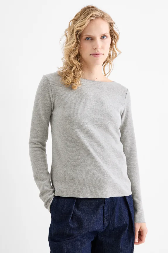 Long sleeve top - regular fit - ribbed light gray