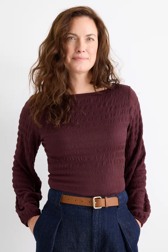 Long sleeve top - regular fit - smocked bordeaux
