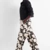 Cloth trousers - mid-rise waist - palazzo - floral black / beige
