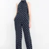 Cloth trousers - high waist - wide leg - polka dot dark blue