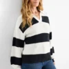 V-neck jumper - ribbed - striped white / black