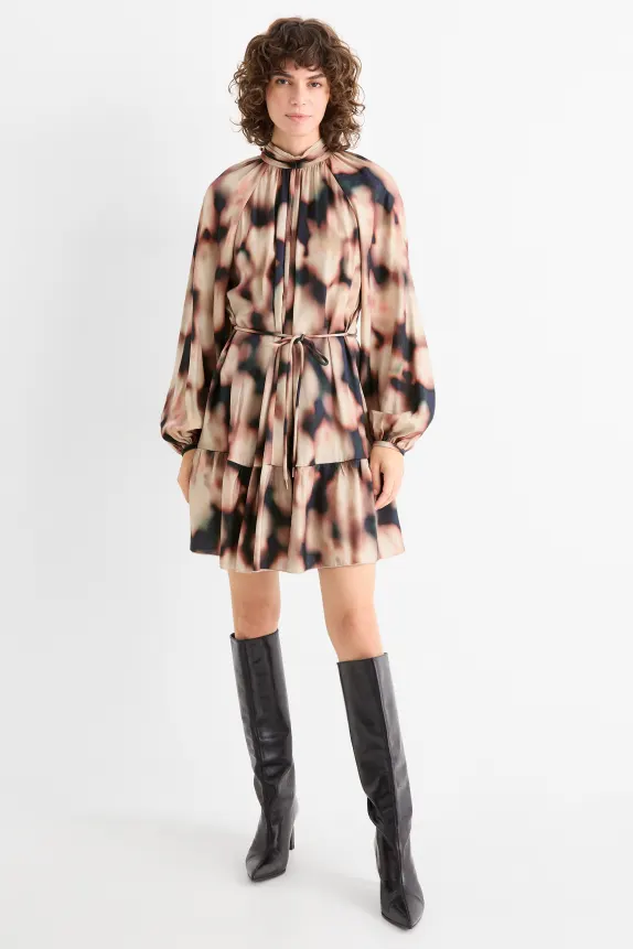 A-line dress - patterned black / beige