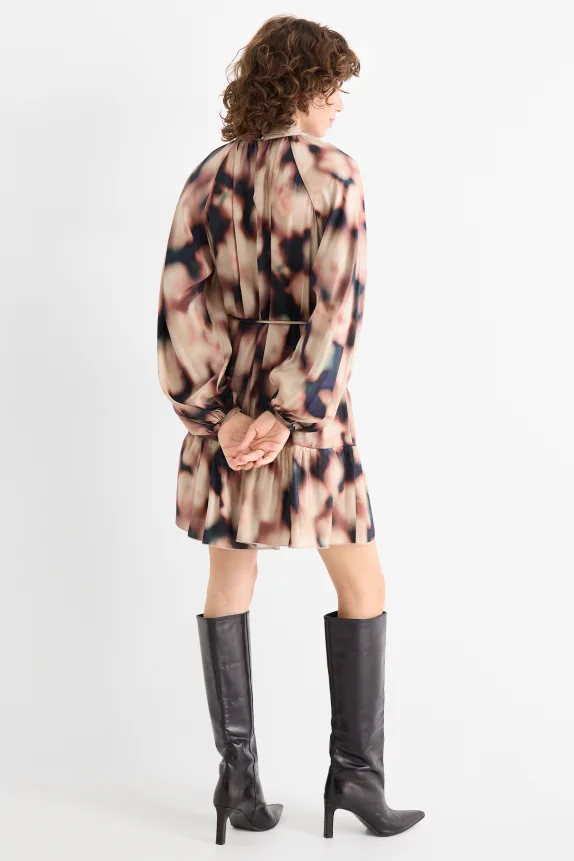A-line dress - patterned black / beige